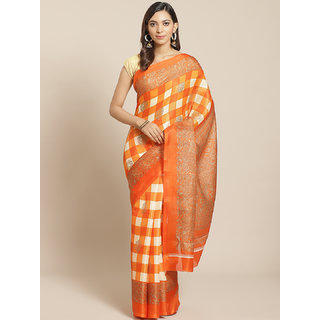 Sharda Creation Orange And White Checked Saree