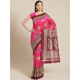                       Sharda Creation Pink And Brown Floral Printed Mysore Silk Saree                                              