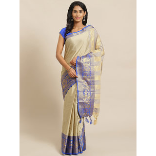                       Sharda Creation Cream And Blue Embellished Saree                                              