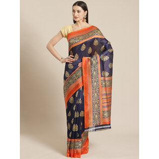                       Sharda Creation Dark Blue And Orange Solid Printed Saree                                              