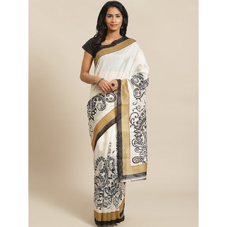                       Sharda Creation White And Black Flower Printed Saree                                              