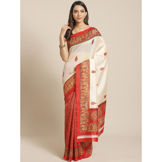                       Sharda Creation White And Red Animal Print Saree                                              