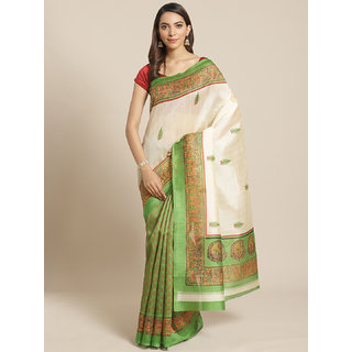                       Sharda Creation White And Green Animal Print Saree                                              