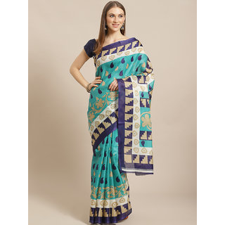                       Sharda Creation Green And Blue Printed Saree                                              