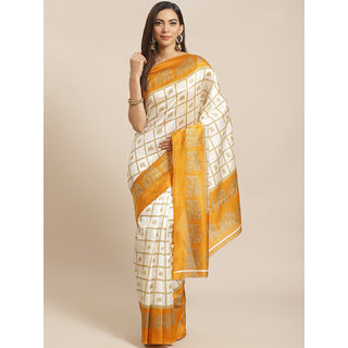                       Sharda Creation White And Yellow Checked Mysore Silk Saree                                              