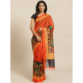                       Sharda Creation Orange And Black Flower Print Saree                                              