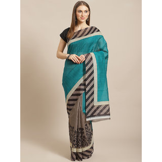                       Sharda Creation Grey And Green Flower Print Saree                                              