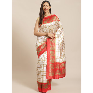                       Sharda Creation White And Red Checked Mysore Silk Saree                                              