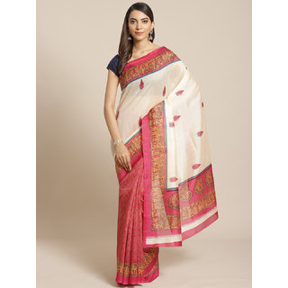                       Sharda Creation White And Pink Animal Print Saree                                              