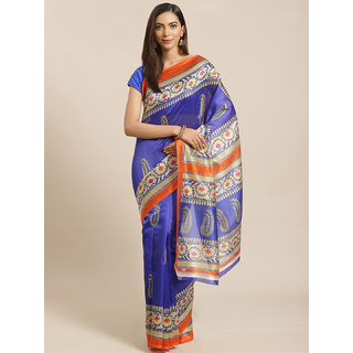                       Sharda Creation Blue And White Floral Print Saree                                              