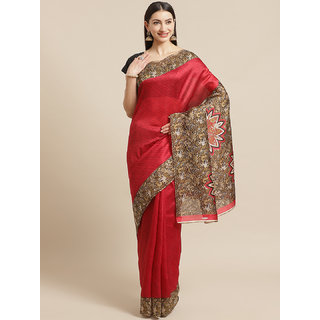                       Sharda Creation Red Kalamkari Printed Saree                                              