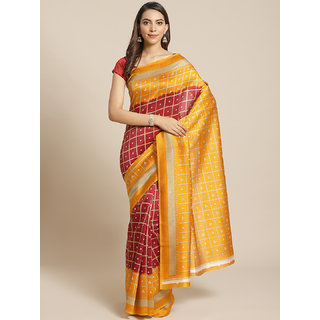                       Sharda Creation Orange And Maroon Block Print Saree                                              