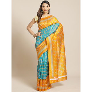                       Sharda Creation Orange And Rama Checks Saree                                              