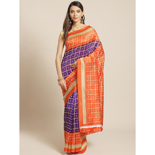                       Sharda Creation Orange And Purple Checks Saree                                              