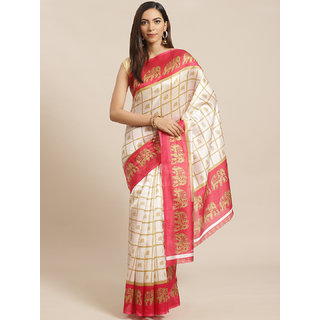                       Sharda Creation White And Pink Animal Print Saree                                              