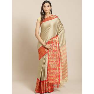                       Sharda Creation Beige And Red Embellished Saree                                              