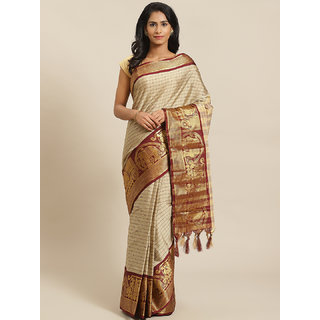                       Sharda Creation Cream And Maroon Embllished Saree                                              
