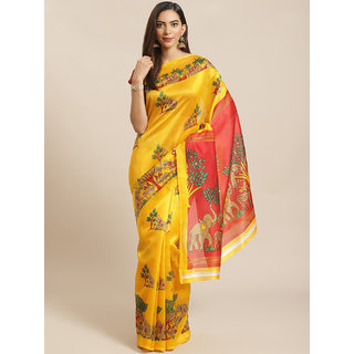                       Sharda Creation Yellow And Red Animal Print Mysore Silk Saree                                              