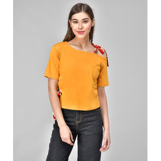                       Raabta Mustard Single Shoulder  Waist Knot Top                                              