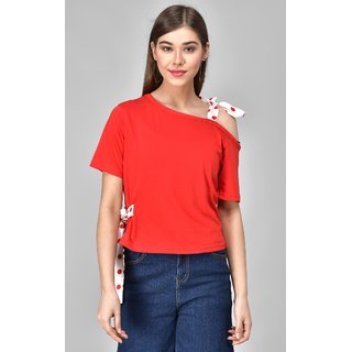                       Raabta Red Single Shoulder  Waist Knot Top                                              