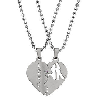                       Sullery Valentine Day Gift Heart Love Couple 2pc Pendant Silver Necklace Chain                                              