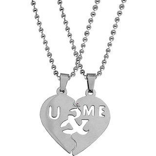                       Sullery Valentine Day Gift Broken Heart You And Me 2pc Couple Locket Silver Necklace Chain                                              