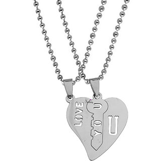                       Sullery Valentine Day Gift Heart Lock And Key Couple 2Pc Locket Silver Silver Necklace Chain                                              