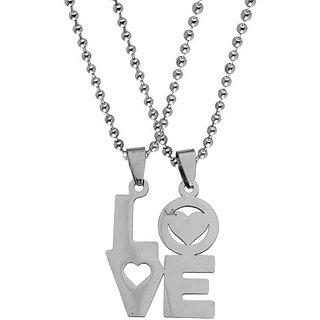                      Sullery Valentine Day Gift Heart Love Couple 2pc Pendant Silver Silver Necklace Chain                                              