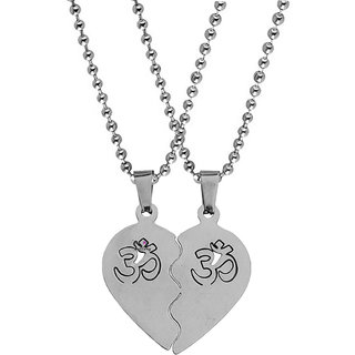                       Sullery Valentine Day Gift Matching Jewelry Om Heart Broken 2Pc Locket Silver Necklace Chain                                              