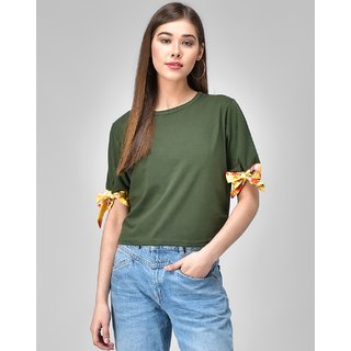                       Raabta Rama Green Half Sleeve Yellow Print Knot Top                                              