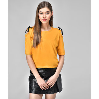                       Raabta Mustard Cold Shoulder With Knots                                              