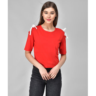                       Raabta Red Cold Shoulder With Knots                                              