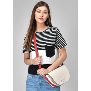                       Raabta Black  White Stripe Tri Pocket T-Shirt                                              