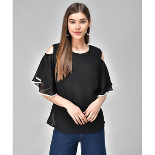 Raabta Black Georgette Cold Shoulder With White Frill Pipping