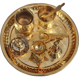 Spillbox Traditional Handcrafted Brass Thali/Aarti Bartan Plate for Pooja/Worship Brass  (8 Pieces, Gold)