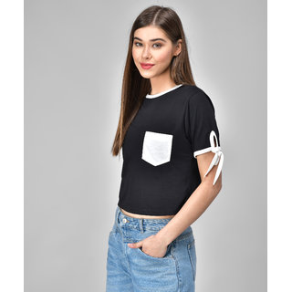                       Raabta Black Tee With White Pipping  Sleeve Knot                                              