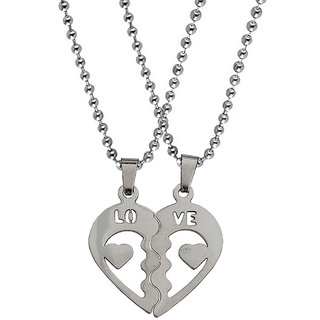                       Sullery   Heart Puzzle Matching Love Double Heart Locket Chain Silver Stainless Steel Pendant                                              