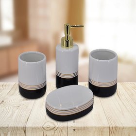 Kookee Ceramic BA Set of 4 - Soap Dispenser, Soap Dish, Tumbler & TB Holder, Black/White (282-54)