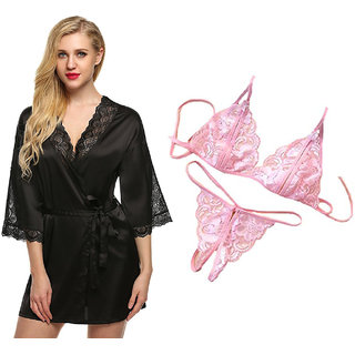                       Night dress Nighty With robe And  Lingerie set for Women/Ladies/Girls Nightwear Net babydoll dress b + pnk                                              