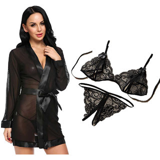                       Night dress Nighty With robe And  Lingerie set for Women/Ladies/Girls Nightwear Net babydoll dress b+ black                                              