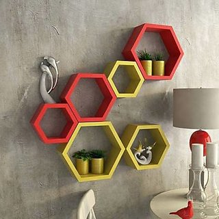                       onlinecraft wooden wall shelf (ch1380) red ,yellow hexon 6 pc                                              