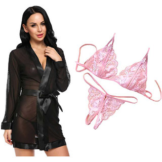                       Night dress Nighty With robe And  Lingerie set for Women/Ladies/Girls Nightwear Net babydoll dress b + pink                                              