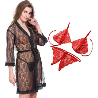                       Night dress Nighty With robe And  Lingerie set for Women/Ladies/Girls Nightwear Net babydoll dress black + red 22                                              