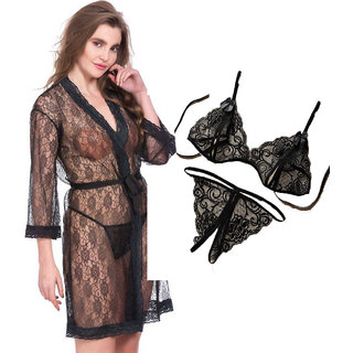                       Night dress Nighty With robe And  Lingerie set for Women/Ladies/Girls Nightwear Net babydoll dress black +  black                                              