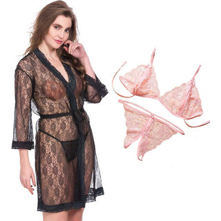                       Night dress Nighty With robe And  Lingerie set for Women/Ladies/Girls Nightwear Net babydoll dress black + pink 66                                              