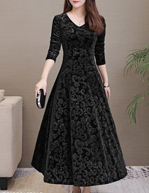 Westchic Women's Black Printed Velvet Dress