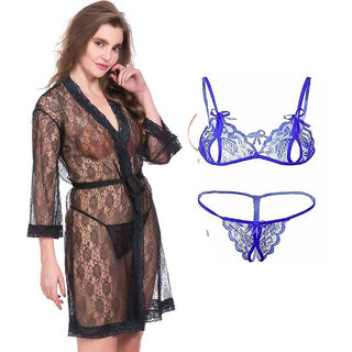                       Night dress Nighty With robe And  Lingerie set for Women/Ladies/Girls Nightwear Net babydoll dress black + blue 88                                              