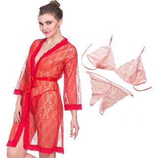                       Night dress Nighty With robe And  Lingerie set for Women/Ladies/Girls Nightwear Net babydoll dress red + pink 55                                              