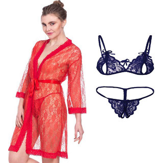                       Night dress Nighty With robe And  Lingerie set for Women/Ladies/Girls Nightwear Net babydoll dress RED + NAVY 55                                              