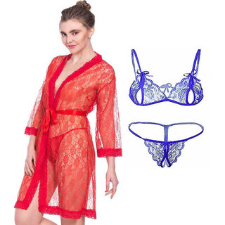                       Night dress Nighty With robe And  Lingerie set for Women/Ladies/Girls Nightwear Net babydoll dress RED + BLUE 50                                              